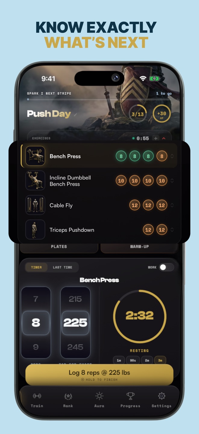 Workout view — know exactly what's next, with rest timer and set logging